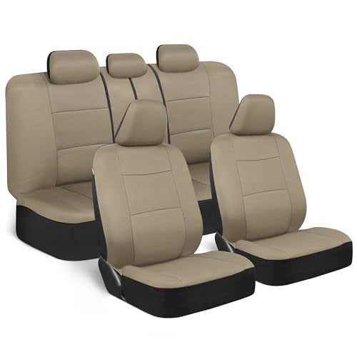 BDK OS-309-AB Tan Trim Black Car Seat Covers Full 9 Piece Set, Sleek & Stylish, Split Option Bench 5 Headrests Front & Rear Bench, Beige - Image 1
