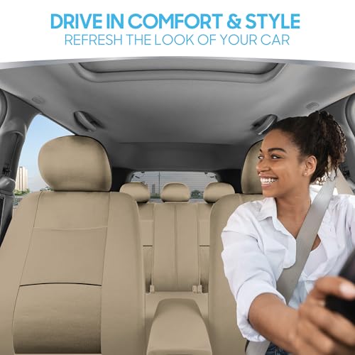 BDK OS-309-AB Tan Trim Black Car Seat Covers Full 9 Piece Set, Sleek & Stylish, Split Option Bench 5 Headrests Front & Rear Bench, Beige - Image 2