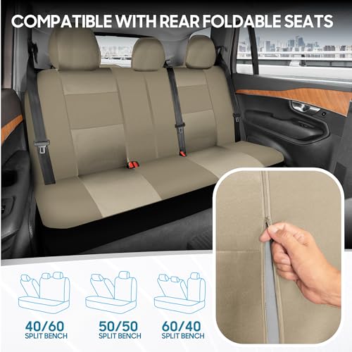 BDK OS-309-AB Tan Trim Black Car Seat Covers Full 9 Piece Set, Sleek & Stylish, Split Option Bench 5 Headrests Front & Rear Bench, Beige - Image 4