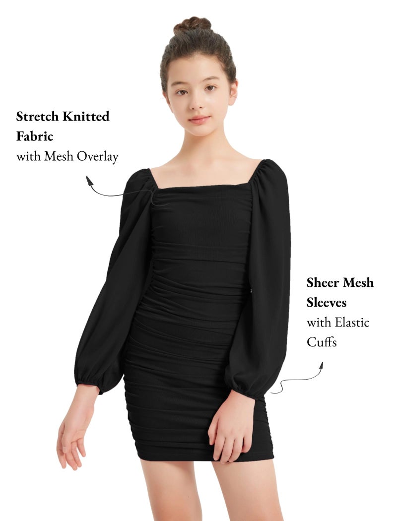 EXARUS Girls Black Long Sleeve Teen Dress Formal Party Tight Homecoming Bodycon Ruched Mesh Lantern Sleeve Short Pencil Dresses Black 10 Years - Image 4
