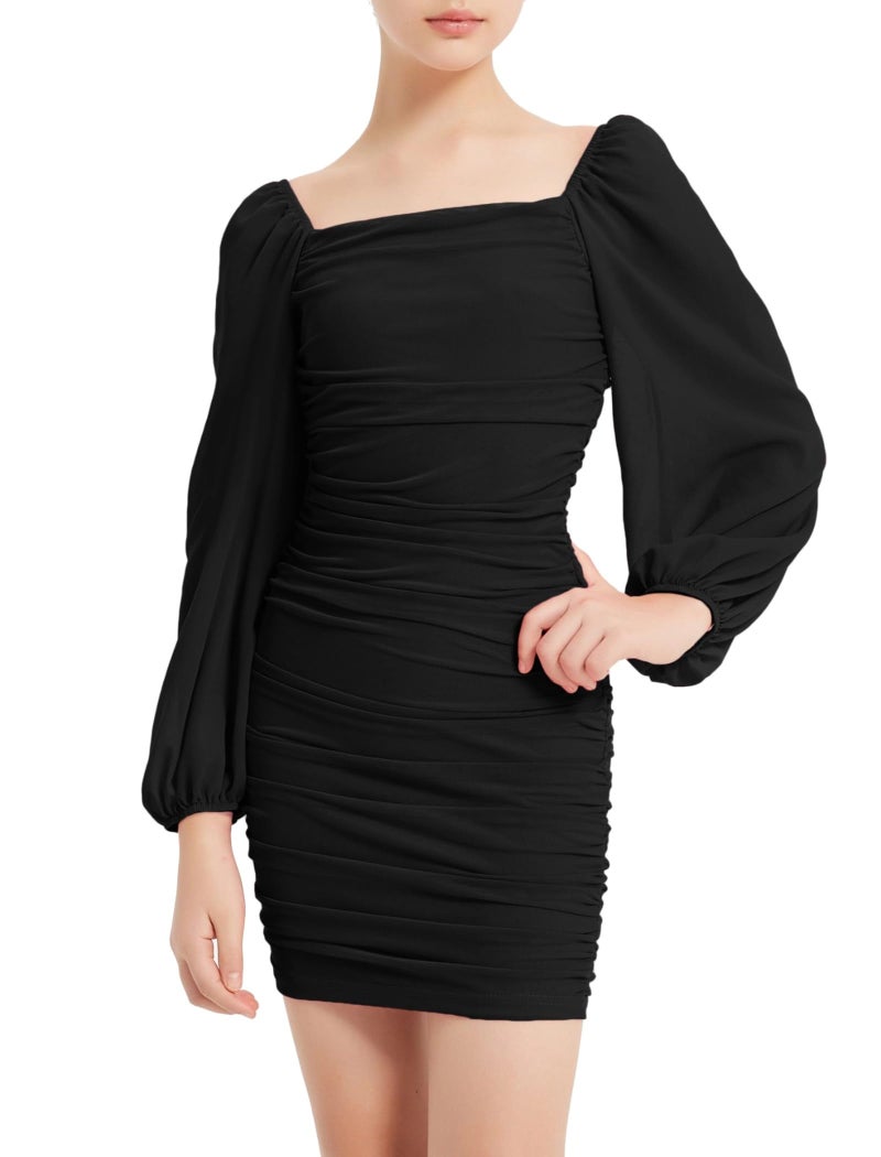 EXARUS Girls Black Long Sleeve Teen Dress Formal Party Tight Homecoming Bodycon Ruched Mesh Lantern Sleeve Short Pencil Dresses Black 10 Years - Image 1