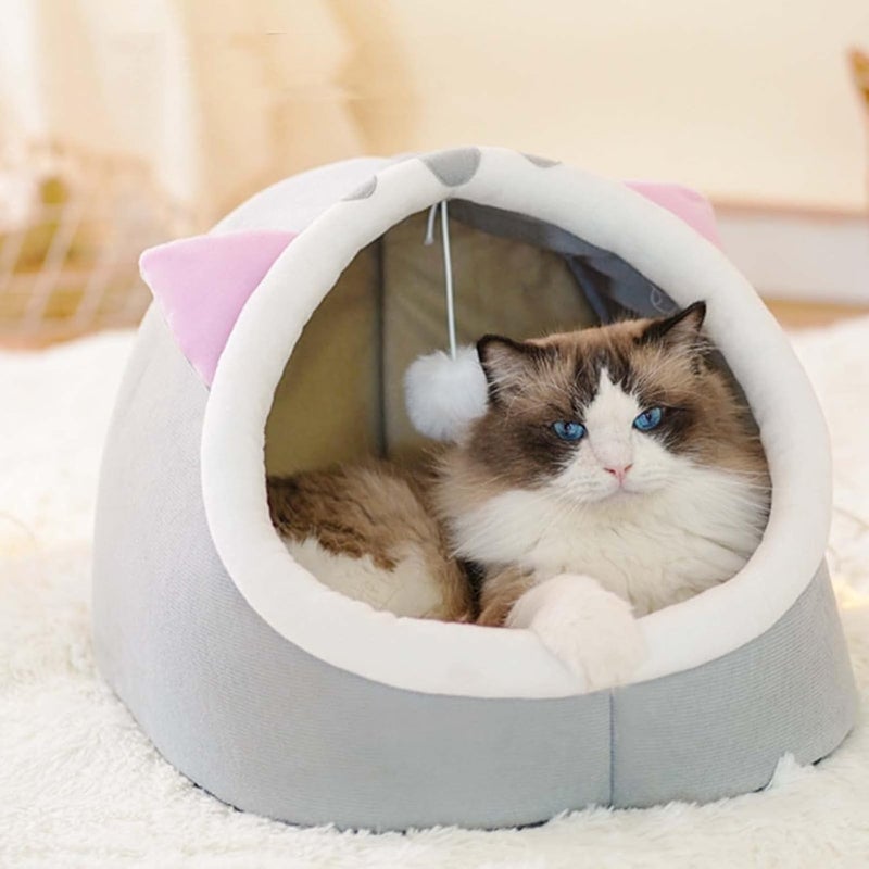 UREVO Indoor Cat Bed - Semi-enclosed Cat Igloo Cave Bed for Kittens with Fluffy Ball Hanging - Image 3