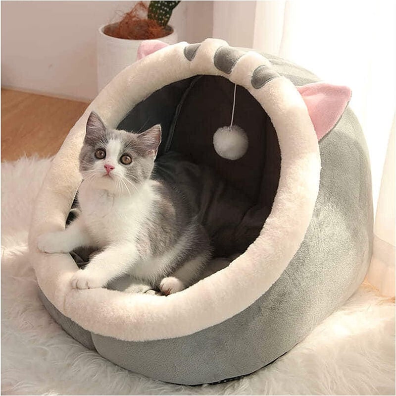 UREVO Indoor Cat Bed - Semi-enclosed Cat Igloo Cave Bed for Kittens with Fluffy Ball Hanging - Image 5