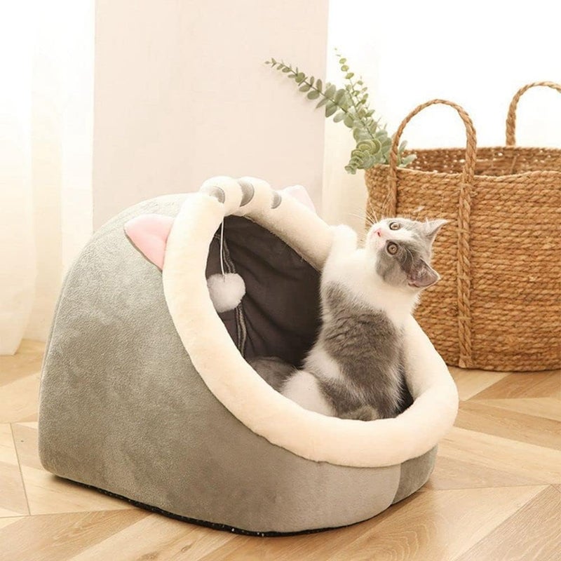 UREVO Indoor Cat Bed - Semi-enclosed Cat Igloo Cave Bed for Kittens with Fluffy Ball Hanging - Image 2