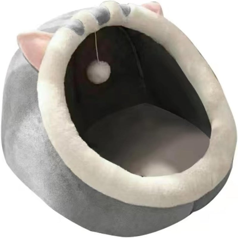 UREVO Indoor Cat Bed - Semi-enclosed Cat Igloo Cave Bed for Kittens with Fluffy Ball Hanging - Image 1