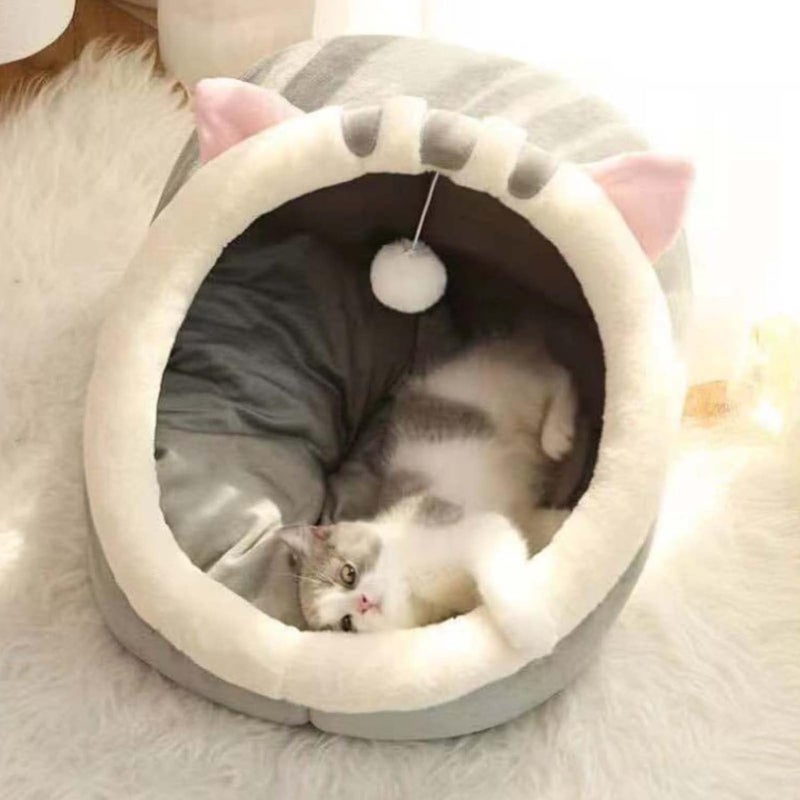 UREVO Indoor Cat Bed - Semi-enclosed Cat Igloo Cave Bed for Kittens with Fluffy Ball Hanging - Image 4