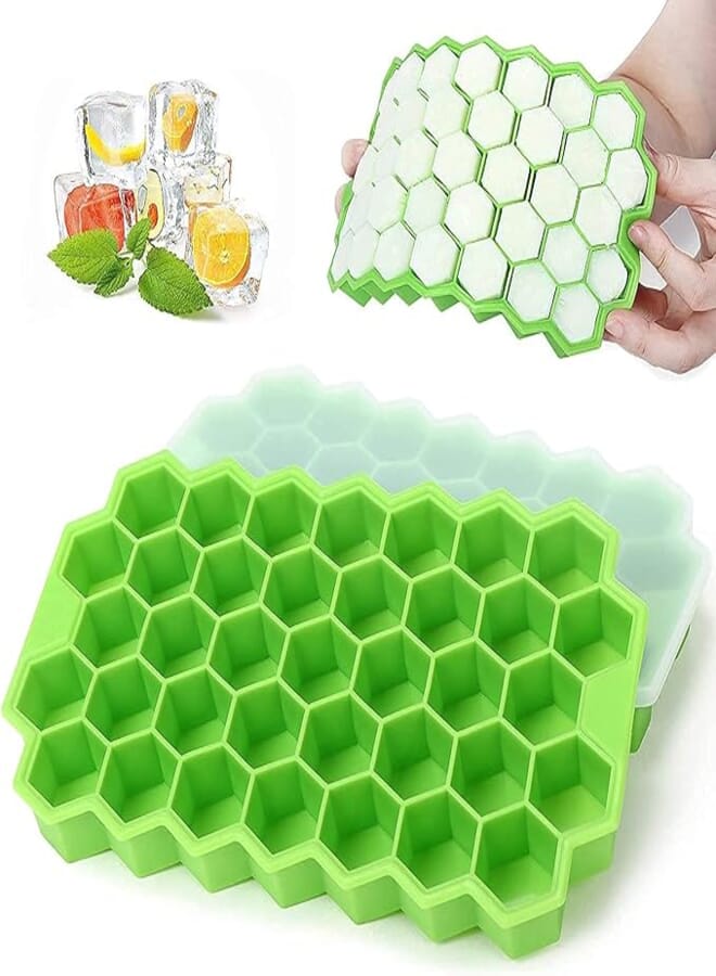 PXBQ Ice Cube Trays Silicone Ice Cube Molds, Flexible 37 Ice Trays BPA Free, for Whiskey Cocktail, Stackable and Safe Ice Cube Small Cubes Fridge Bar Soft Tray (Honeycomb with LID - Pack of 1)
