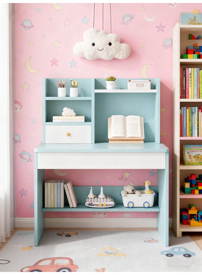  CityRiya-Long مكتب دراسة الأطفال ، طاولة تعلم الأطفال مع رف كتب متعدد الطبقات ، مكتب كتابة الطلاب ومكتب الكمبيوتر للأطفال ، مكتب ألعاب الأطفال للمدرسة المنزلية / غرفة النوم ، طاولة نشاط خشبية واسعة للقراءة / الكتابة / الألعاب (أزرق) - Image 1