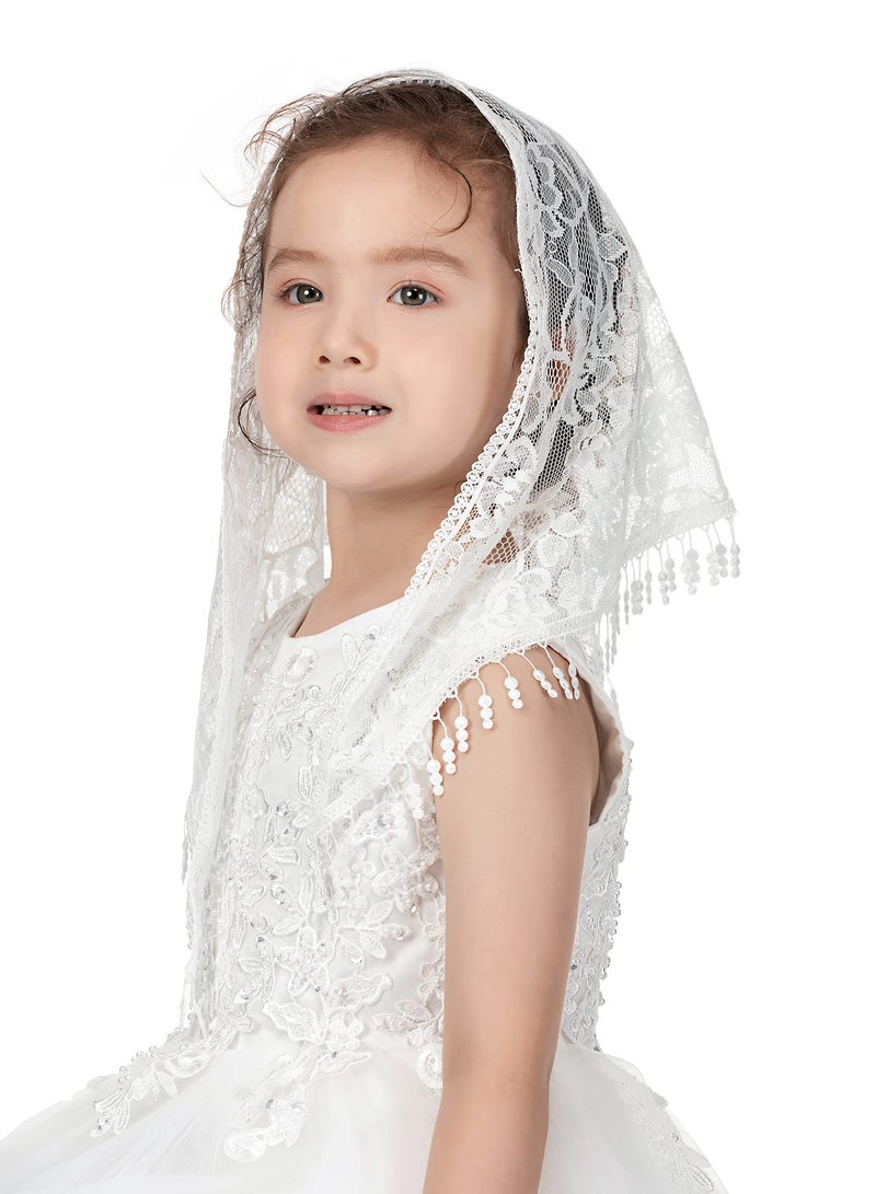 PAMOR Triangle First Communion Veils for Girls Lace Chapel Veil Mantilla Veils Latin Mass Church Veil for Catholic Baptism (White C) - Image 2