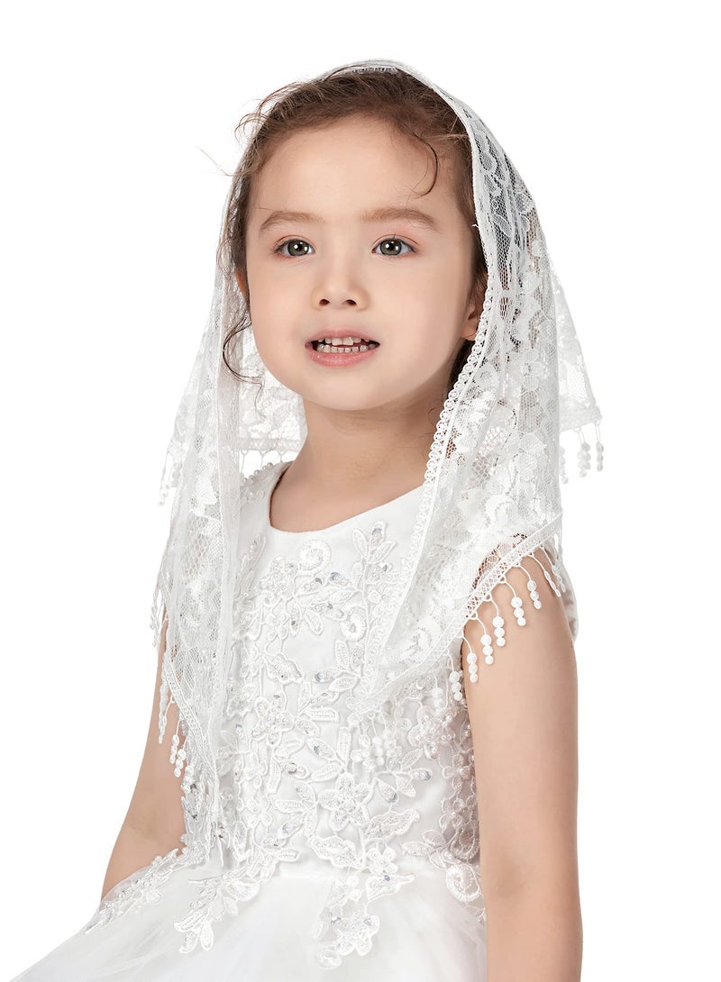 PAMOR Triangle First Communion Veils for Girls Lace Chapel Veil Mantilla Veils Latin Mass Church Veil for Catholic Baptism (White C) - Image 3