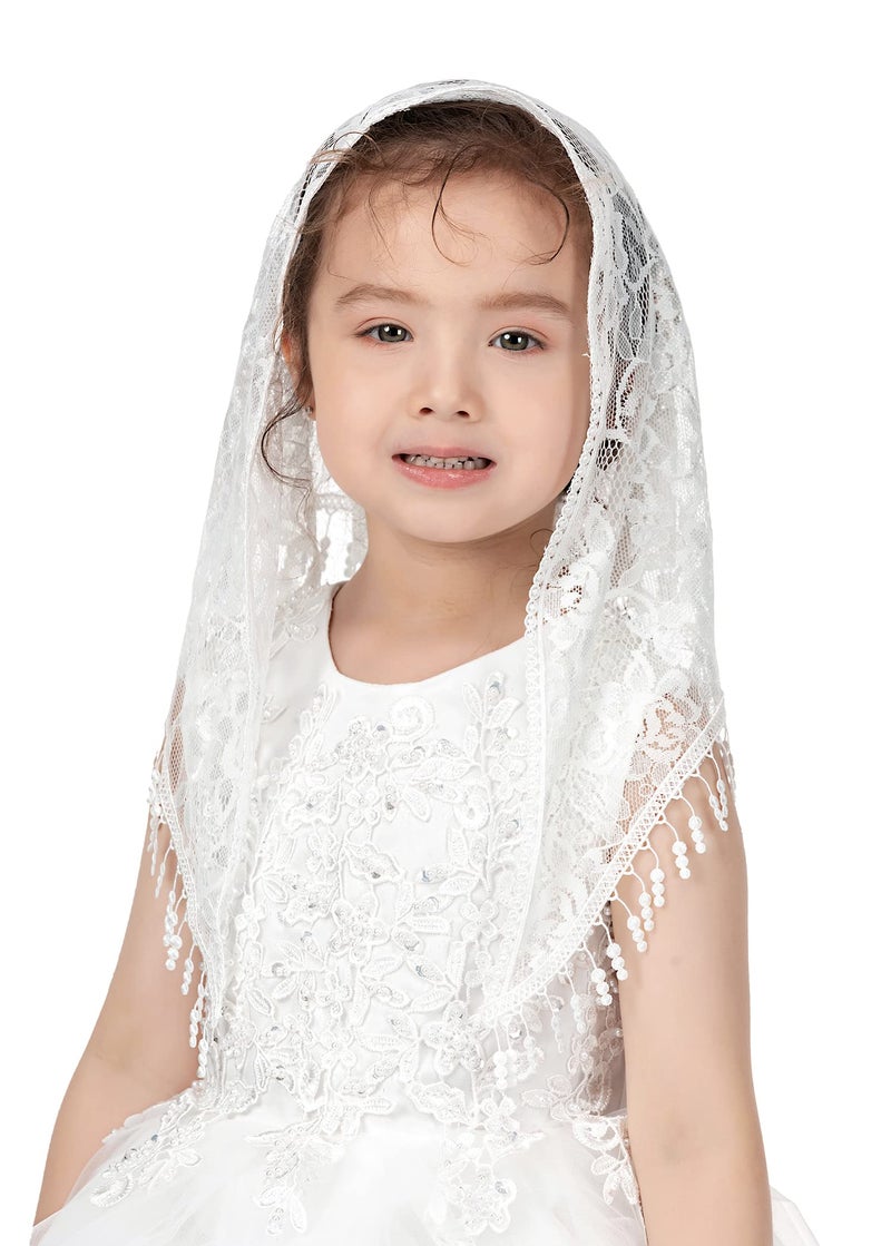 PAMOR Triangle First Communion Veils for Girls Lace Chapel Veil Mantilla Veils Latin Mass Church Veil for Catholic Baptism (White C) - Image 4