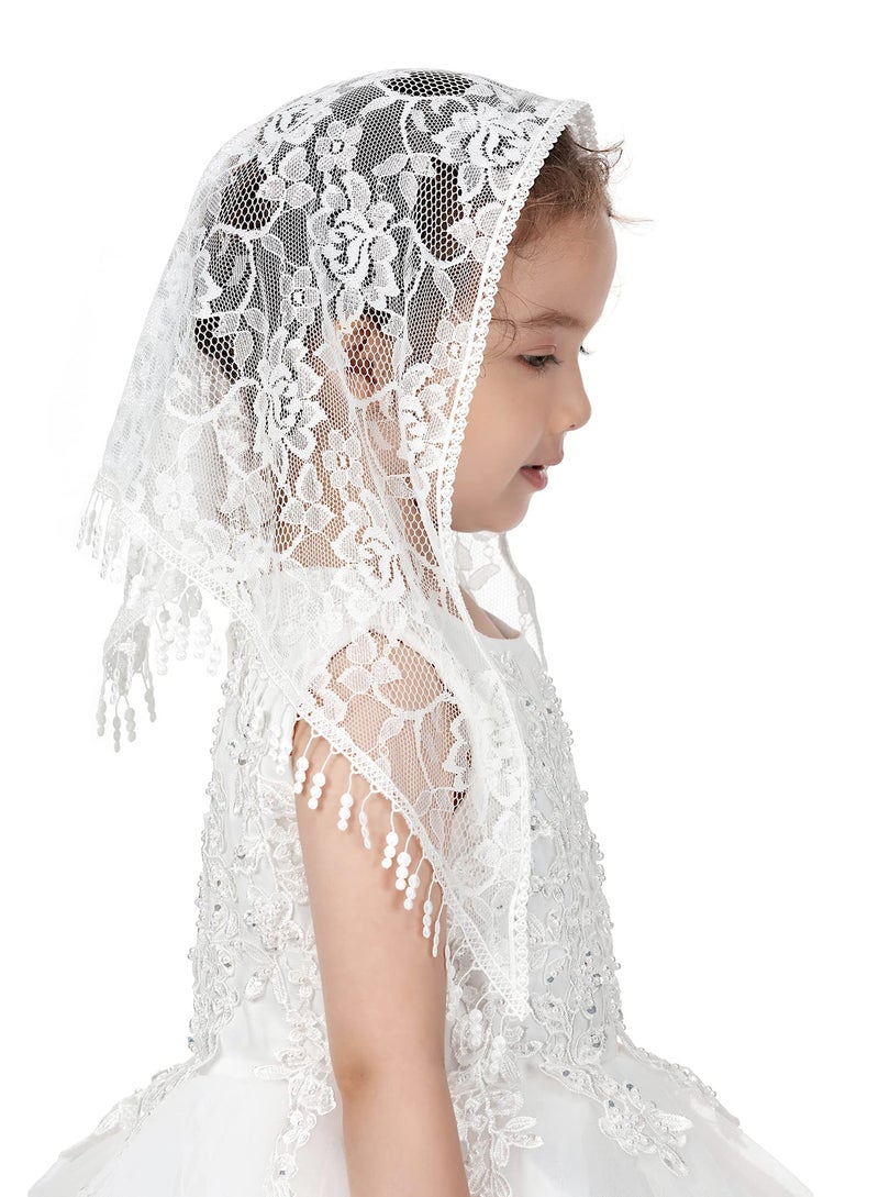 PAMOR Triangle First Communion Veils for Girls Lace Chapel Veil Mantilla Veils Latin Mass Church Veil for Catholic Baptism (White C) - Image 5