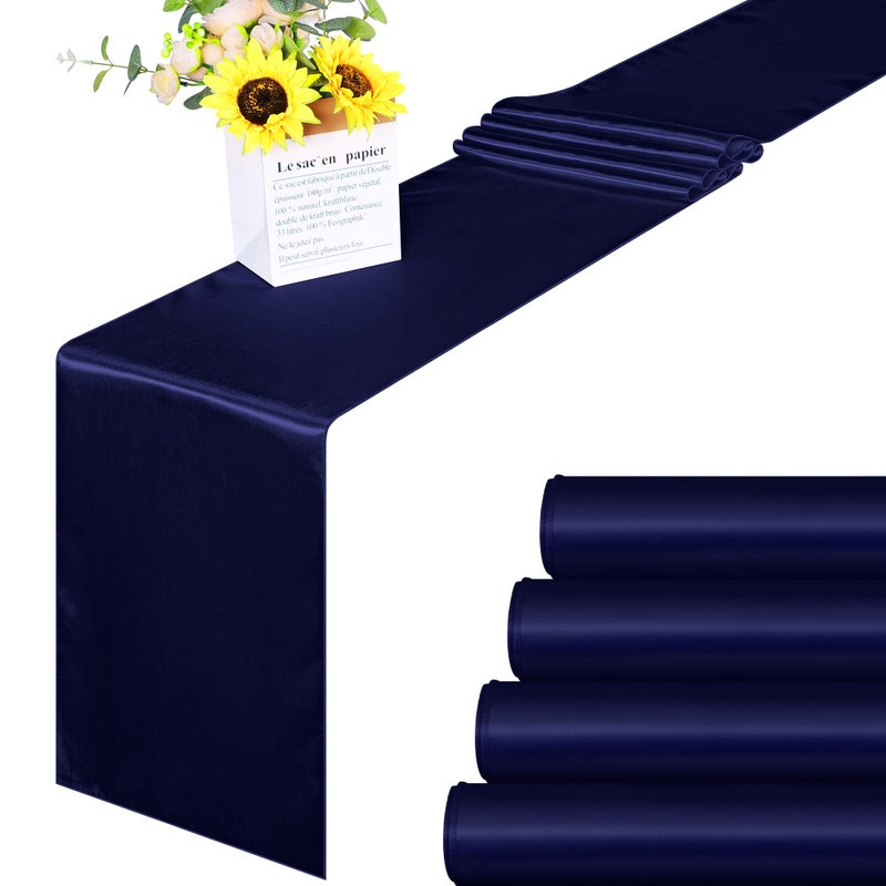 ANECO 4 Pack Satin Table Runner 12 x 108 Inch Long Bright Silk and Smooth Fabric Party Table Runner for Wedding Banquet Party Decoration Navy Blue