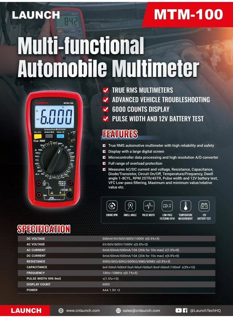 LAUNCH MTM-100 Multi-functional Automobile Multimeter, True RMS, 6000 Counts Display - Image 4