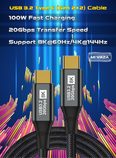 Type-C Cable - USB 3.2 Gen 2x2 - 20Gbps Data Transfer - 8K/4K Monitor Cable - USB C to USB C Data Cable - 100W Fast Charging Cable Compatible with Laptop/Computer/iOS iPhone/MacBook/iPad/Projector/Android/Samsung