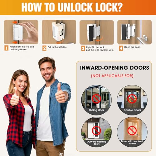 KETEBAIYI Upgraded Portable Door Lock for Travel & Home - No Drill Adjustable Security Lock for Inward Swing Doors, Fits Apartments & Hotels, Withstands 800lbs Force (1, White - Portable) - Image 5