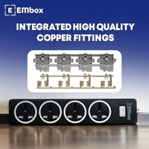 EMBOX 10A Extension Board with Master Switch-Extension Cord with 4 Universal Sockets-Spike Guard with Safety Shutter and LED Indicator-1500W (Black-5 Meter Cable) - Image 5