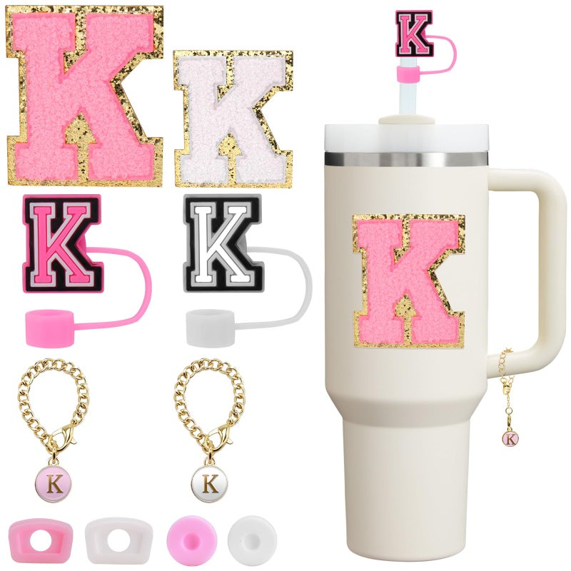 Mity Rain Mity rain 10pcs Set Designed for Stanley Cup Accessories - Including Straw Cover Cap, Letter Charm, Letter Stickers, Tumbler Spill Proof Stoppers for Stanley 40oz/ 30oz Pink Decorations (K)  - Image 1