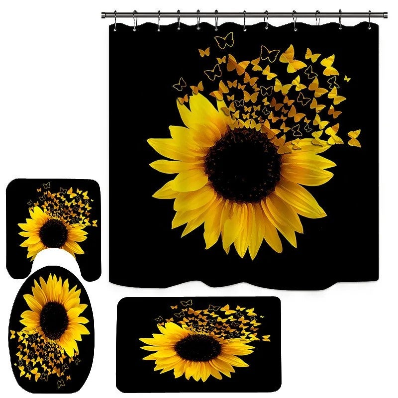 Bluejw Hot Sale New Arrival Sunflower Bathroom Fabric  Print Anti Slip Bath Mat and Shower Curtain Set 4 Pcs Shower Curtain - Image 3