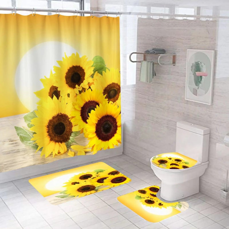 Bluejw Hot Sale New Arrival Sunflower Bathroom Fabric  Print Anti Slip Bath Mat and Shower Curtain Set 4 Pcs Shower Curtain - Image 2