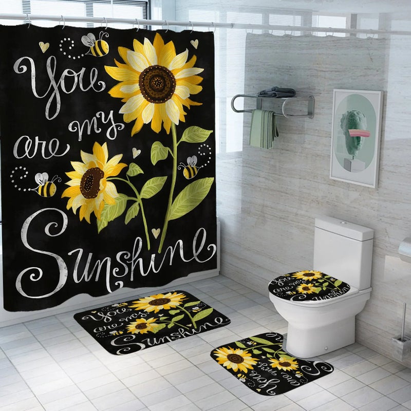 Bluejw Hot Sale New Arrival Sunflower Bathroom Fabric  Print Anti Slip Bath Mat and Shower Curtain Set 4 Pcs Shower Curtain - Image 4
