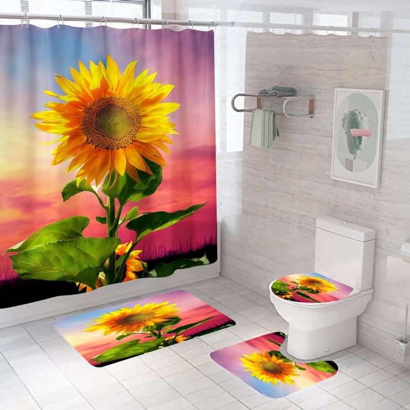 Bluejw Hot Sale New Arrival Sunflower Bathroom Fabric  Print Anti Slip Bath Mat and Shower Curtain Set 4 Pcs Shower Curtain - Image 1