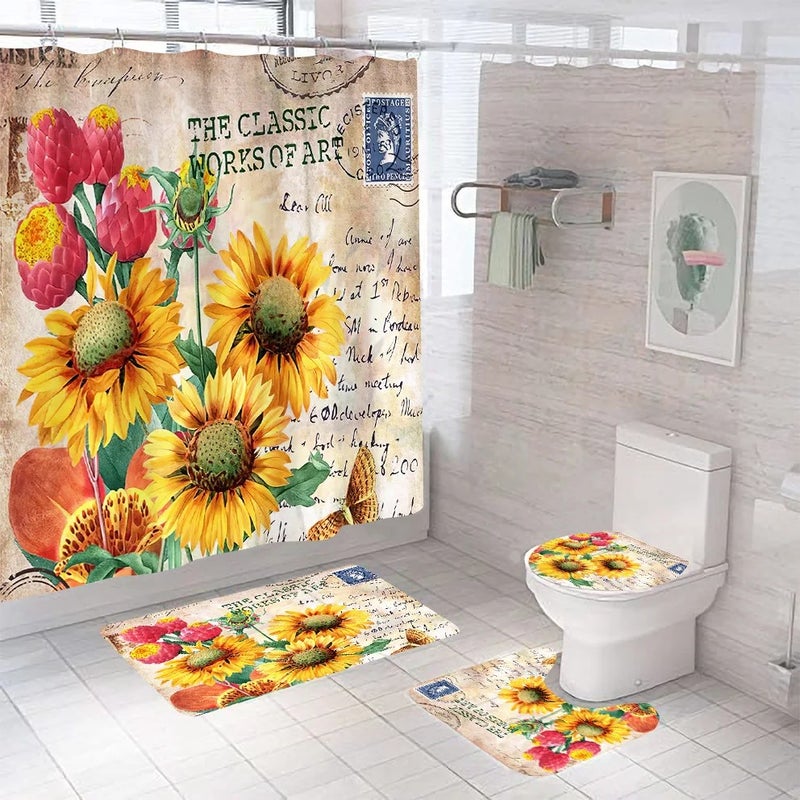 Bluejw Hot Sale New Arrival Sunflower Bathroom Fabric  Print Anti Slip Bath Mat and Shower Curtain Set 4 Pcs Shower Curtain - Image 5