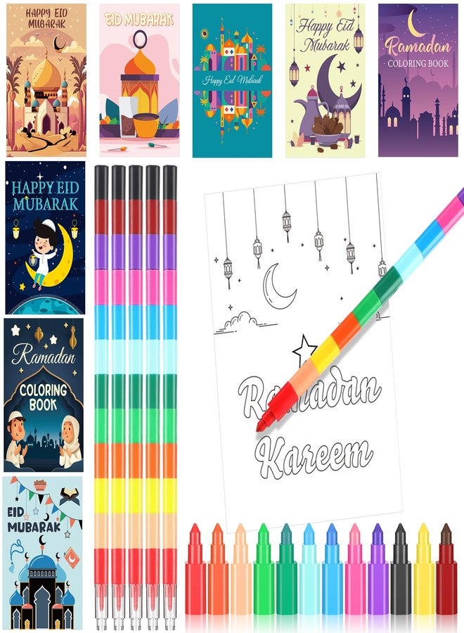 Zhanmai 48 Pcs Ramadan Coloring Book Bulk with Stacking Crayons Ramadan Moon Star Holiday Activity Book Eid Mubarak Coloring Book for Activities Party Favors Supplies Gifts (Moon) - Image 1