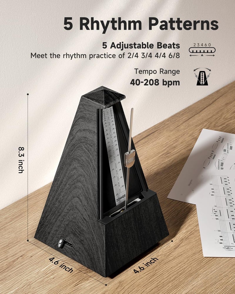 Donner Mechanical Metronome for Piano Guitar Drum Violin Saxophone Musician, Track Beat and Tempo, Loud Sound, Steel Movement, DPM-1, Black - Image 2