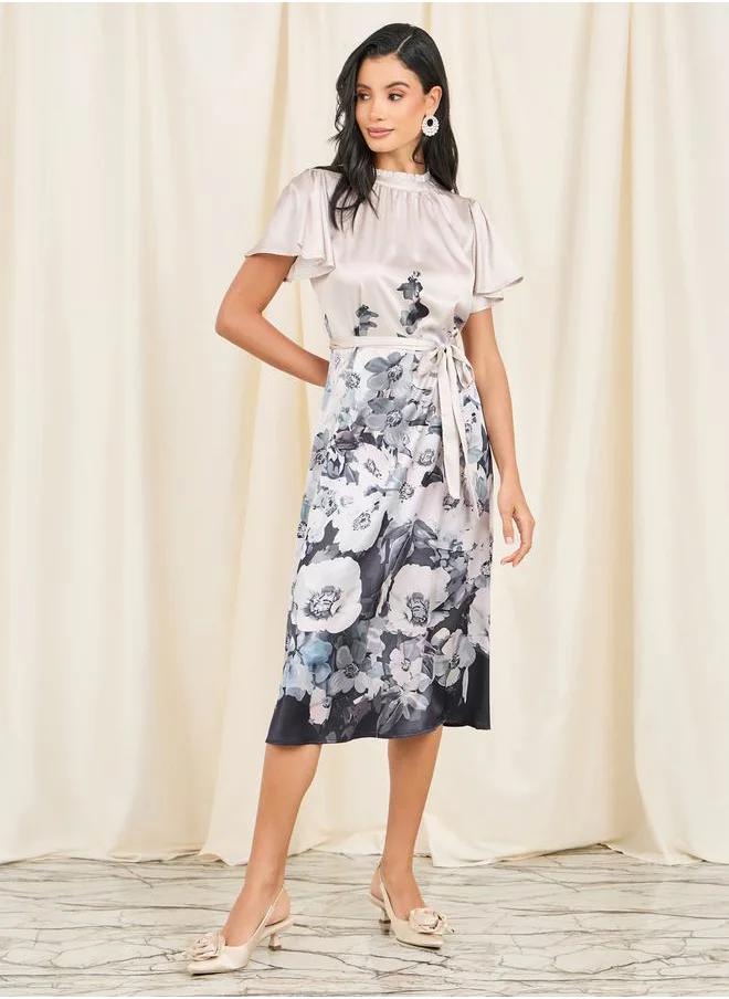 ستايلي Satin Printed High Neck Self Tie Up Midi Dress