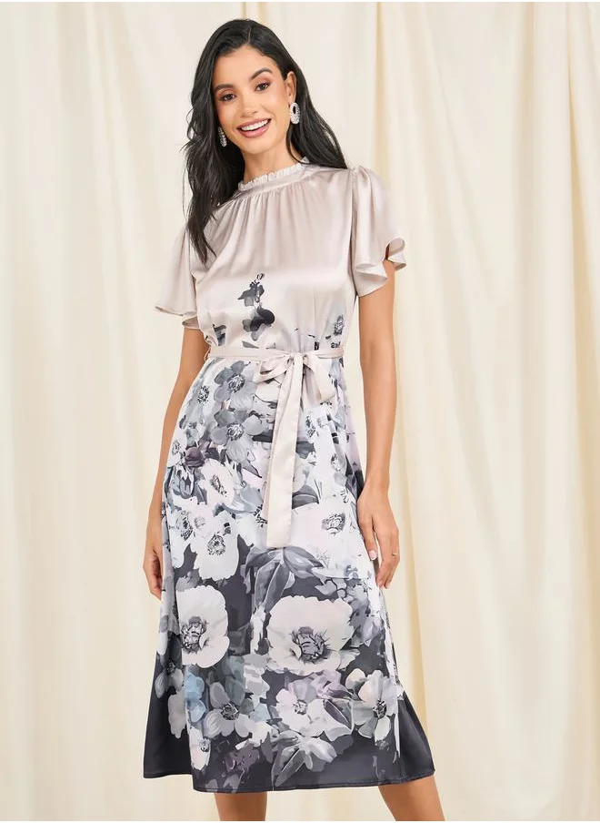 ستايلي Satin Printed High Neck Self Tie Up Midi Dress