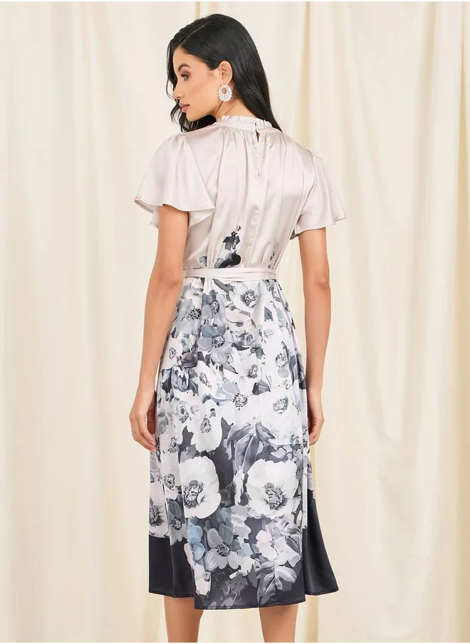 ستايلي Satin Printed High Neck Self Tie Up Midi Dress