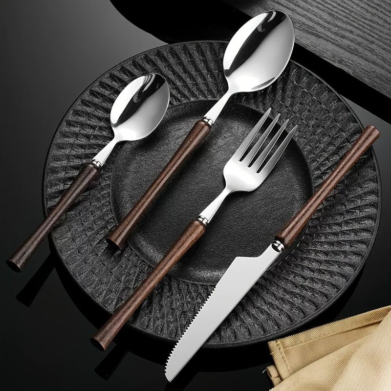 20 Piece Stainless Steel Cutlery Set With Solid Wood Knife Fork Spoon Dishwasher Safe - Image 2