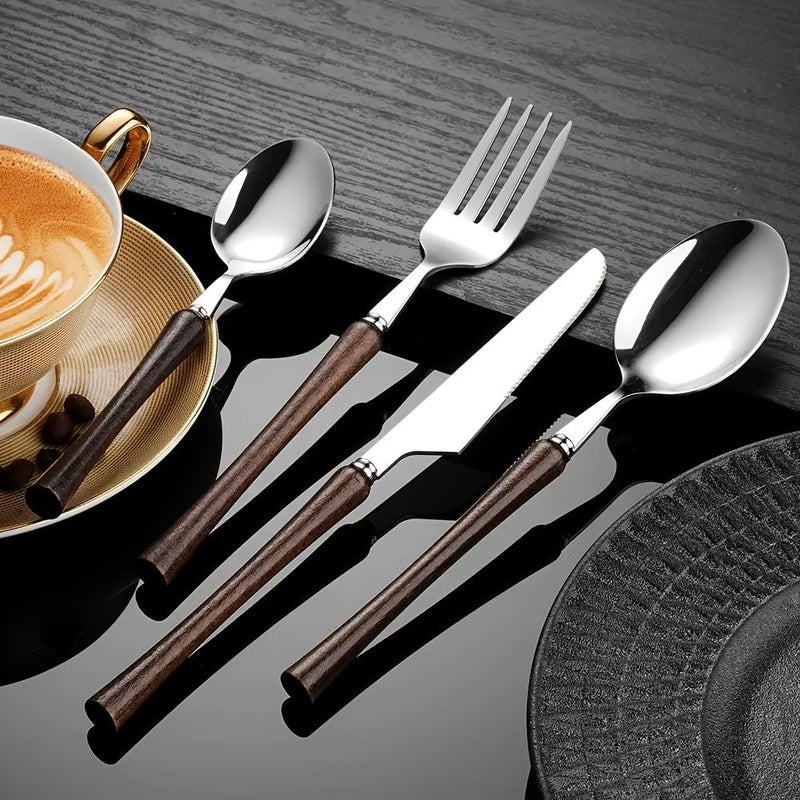 20 Piece Stainless Steel Cutlery Set With Solid Wood Knife Fork Spoon Dishwasher Safe - Image 5
