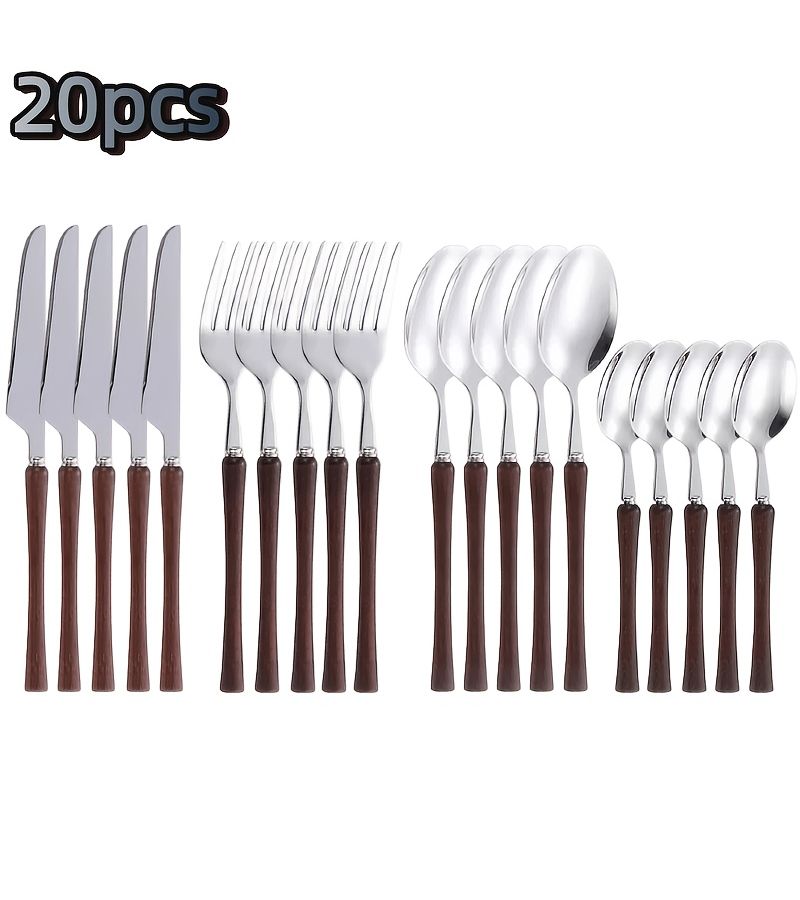 20 Piece Stainless Steel Cutlery Set With Solid Wood Knife Fork Spoon Dishwasher Safe - Image 1