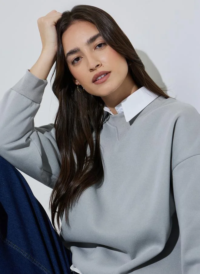 ستايلي Grey Solid Long Sleeves Oversized Sweatshirt