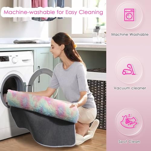 Amdrebio Pink Rainbow Fluffy Kids Rugs for Girls Bedroom, Unicorn Room Decor, Colorful Pastel Shag Area Rugs for Nursery Playroom Classroom, Cute Fuzzy Kawaii Carpet for Baby Toddler Teen, 4x6 Rug Washable - Image 3
