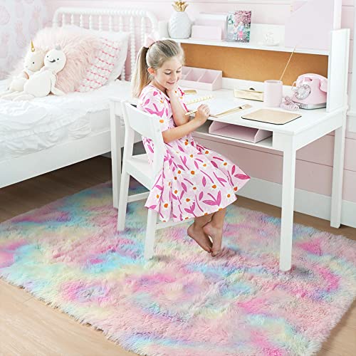 Amdrebio Pink Rainbow Fluffy Kids Rugs for Girls Bedroom, Unicorn Room Decor, Colorful Pastel Shag Area Rugs for Nursery Playroom Classroom, Cute Fuzzy Kawaii Carpet for Baby Toddler Teen, 4x6 Rug Washable - Image 4