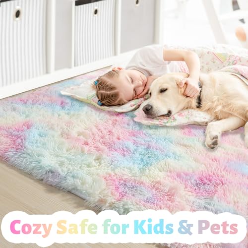 Amdrebio Pink Rainbow Fluffy Kids Rugs for Girls Bedroom, Unicorn Room Decor, Colorful Pastel Shag Area Rugs for Nursery Playroom Classroom, Cute Fuzzy Kawaii Carpet for Baby Toddler Teen, 4x6 Rug Washable - Image 2