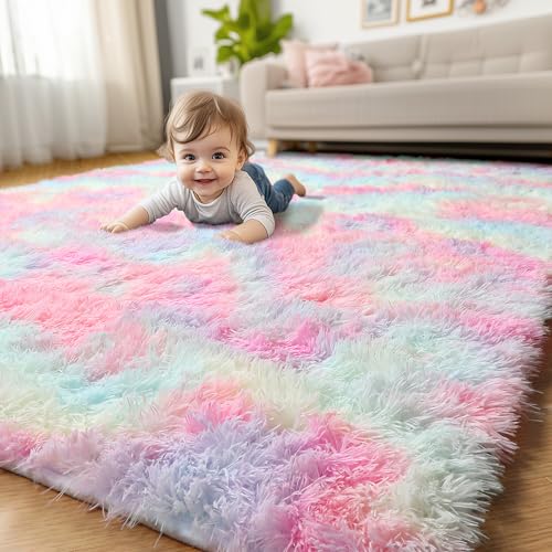Amdrebio Pink Rainbow Fluffy Kids Rugs for Girls Bedroom, Unicorn Room Decor, Colorful Pastel Shag Area Rugs for Nursery Playroom Classroom, Cute Fuzzy Kawaii Carpet for Baby Toddler Teen, 4x6 Rug Washable - Image 5