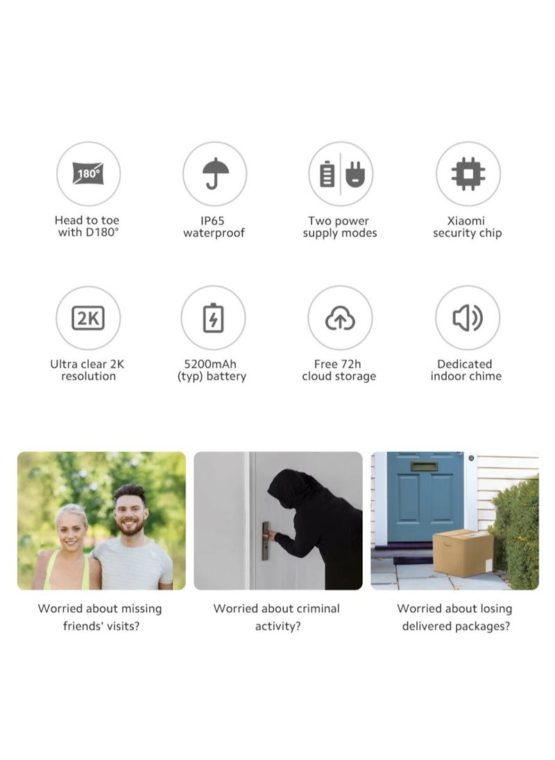 Xiaomi - Xiaomi Smart Doorbell 3S | Head to toe with D180° | IP65 waterproof | Two power supply modes | Xiaomi security chip | Ultra clear 2K resolution | 5200mAh (typ) battery | Free 72h cloud storage - Image 1