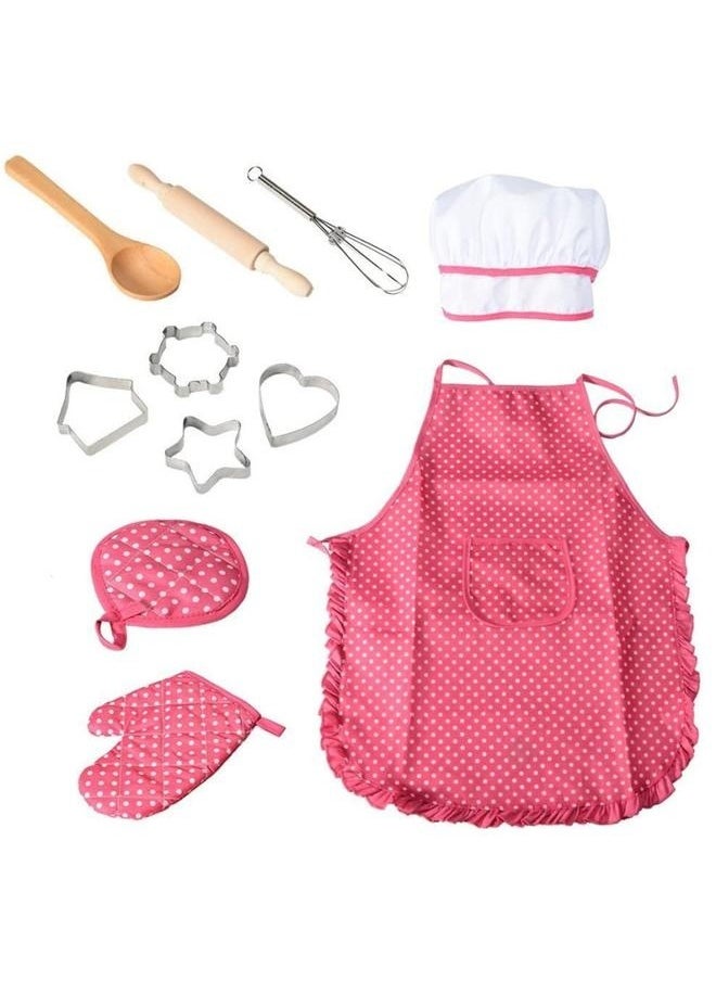 yongsheng 11-Piece Kids Kitchen Cooking Play With Apron And Chef Hat Set Kids Chef Role Play Costume Set - Chef Hat and Matching Pink Apron Children Dress up Pretend Gift  - Image 1