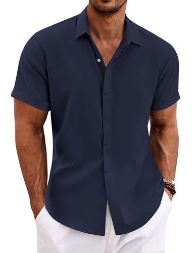 COOFANDY Mens Linen Shirts Short Sleeve Casual Button Down Shirt for Mens Summer Beach Yoga Shirt Navy Blue - Image 1