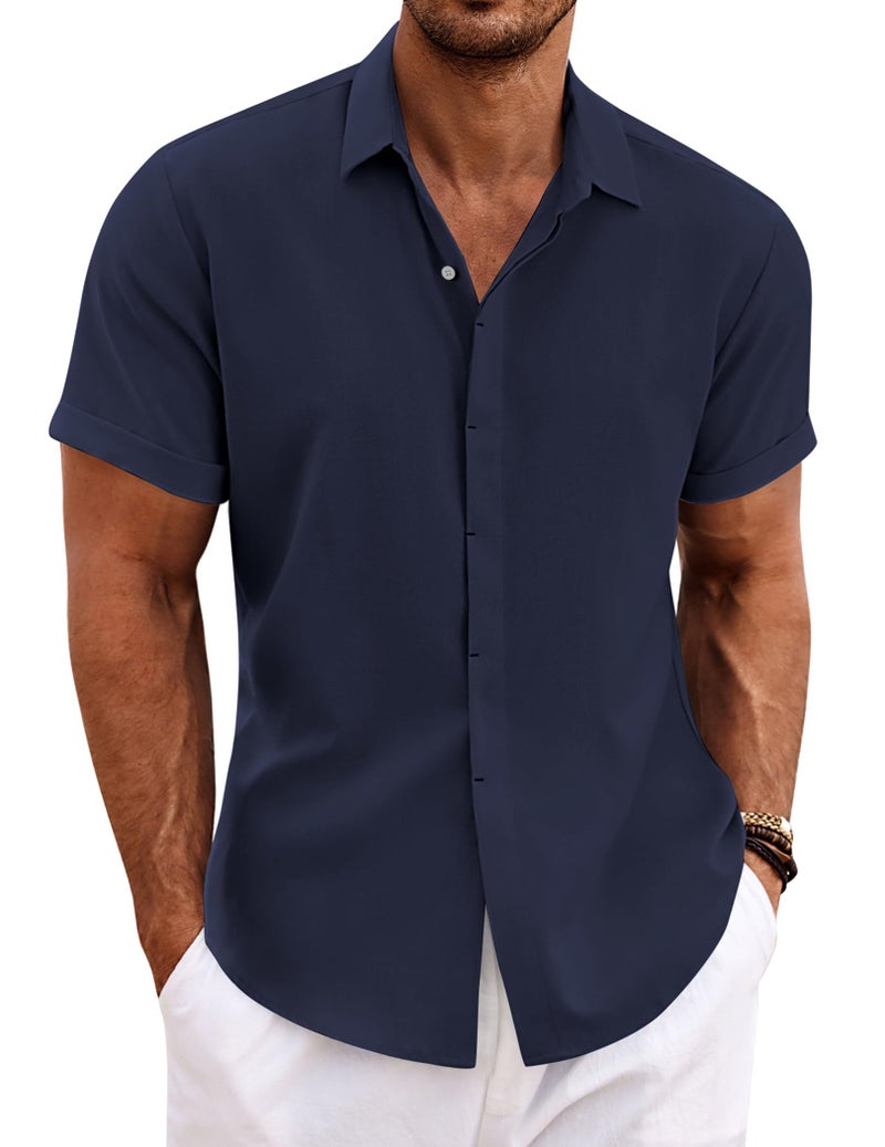 COOFANDY Mens Linen Shirts Short Sleeve Casual Button Down Shirt for Mens Summer Beach Yoga Shirt Navy Blue - Image 2
