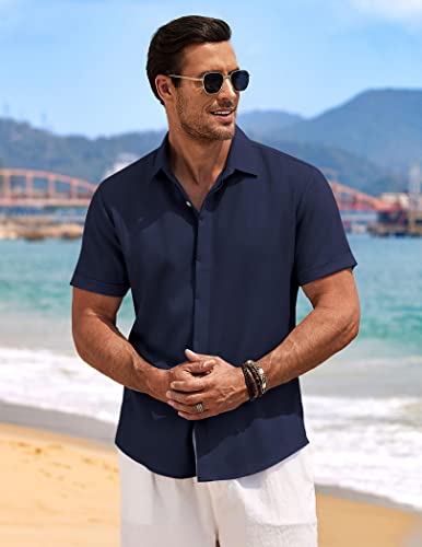COOFANDY Mens Linen Shirts Short Sleeve Casual Button Down Shirt for Mens Summer Beach Yoga Shirt Navy Blue - Image 3