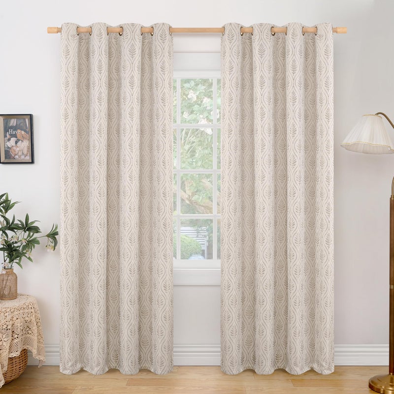 BGment Camel Curtains for Living Room 84 Inches Long, Natural French Country Curtains Sheer Linen Grommet Window Drapes Boho Leaf Jacquard Patterned for Farmhouse Bedroom, 2 Panels Set, 52 x 84 Inch - Image 1