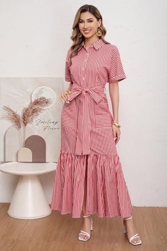 utcoco Women's 2026 Summer Casual Striped Button Down Maxi Dress Tie Waist Short Sleeve Shirt Dress with Pockets (Large, Red) - Image 2