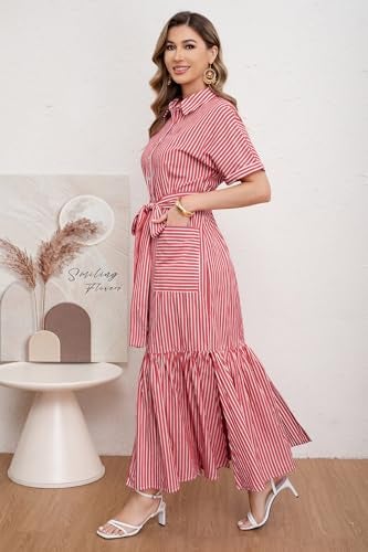 utcoco Women's 2026 Summer Casual Striped Button Down Maxi Dress Tie Waist Short Sleeve Shirt Dress with Pockets (Large, Red) - Image 3