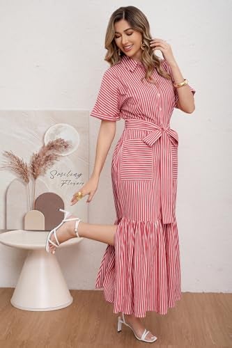 utcoco Women's 2026 Summer Casual Striped Button Down Maxi Dress Tie Waist Short Sleeve Shirt Dress with Pockets (Large, Red) - Image 4
