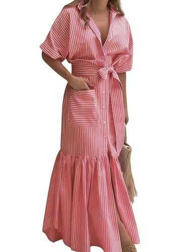 utcoco Women's 2026 Summer Casual Striped Button Down Maxi Dress Tie Waist Short Sleeve Shirt Dress with Pockets (Large, Red) - Image 1